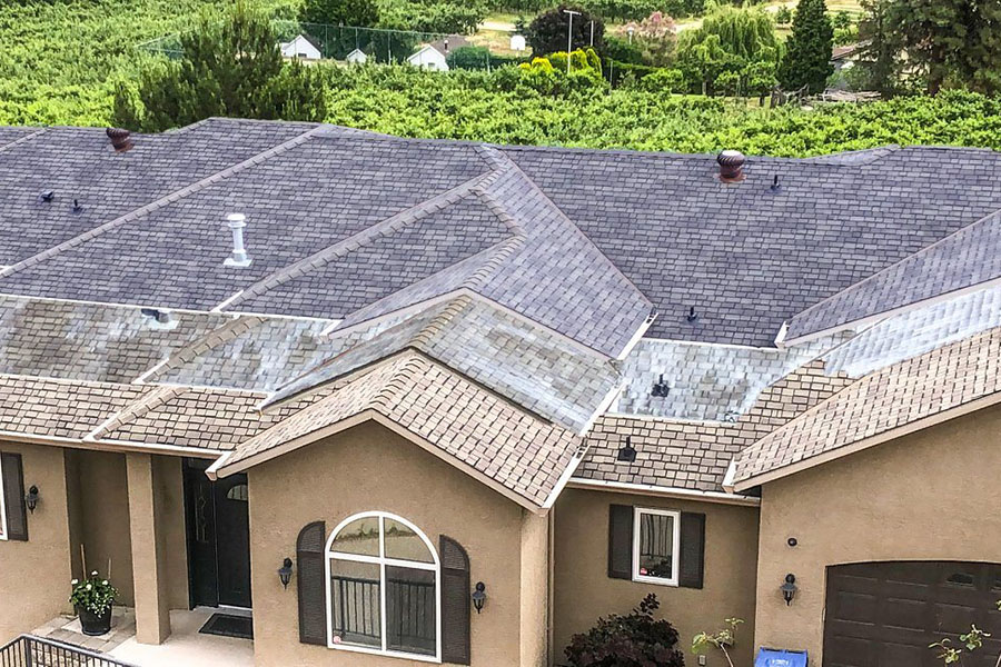 Three residential roofs stacked on top of each other showing how a roof looks before, during, and after a rejuvenation