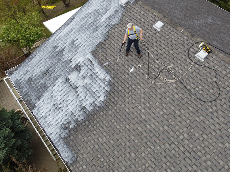 Worker spraying and coating the asphalt shingles of a residential home to rejuvenate them and extend their lifespan